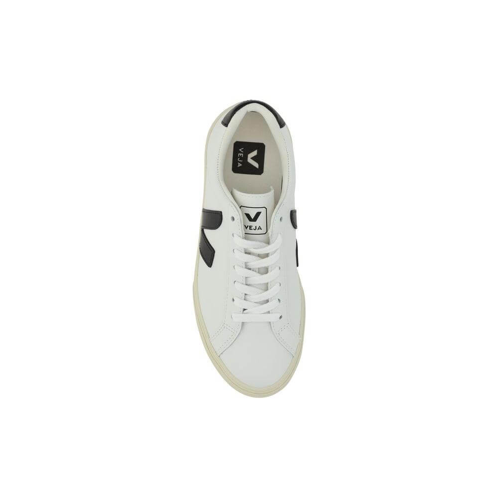 Veja Esplar white sneakers top view with black logo accents and lace-up design.