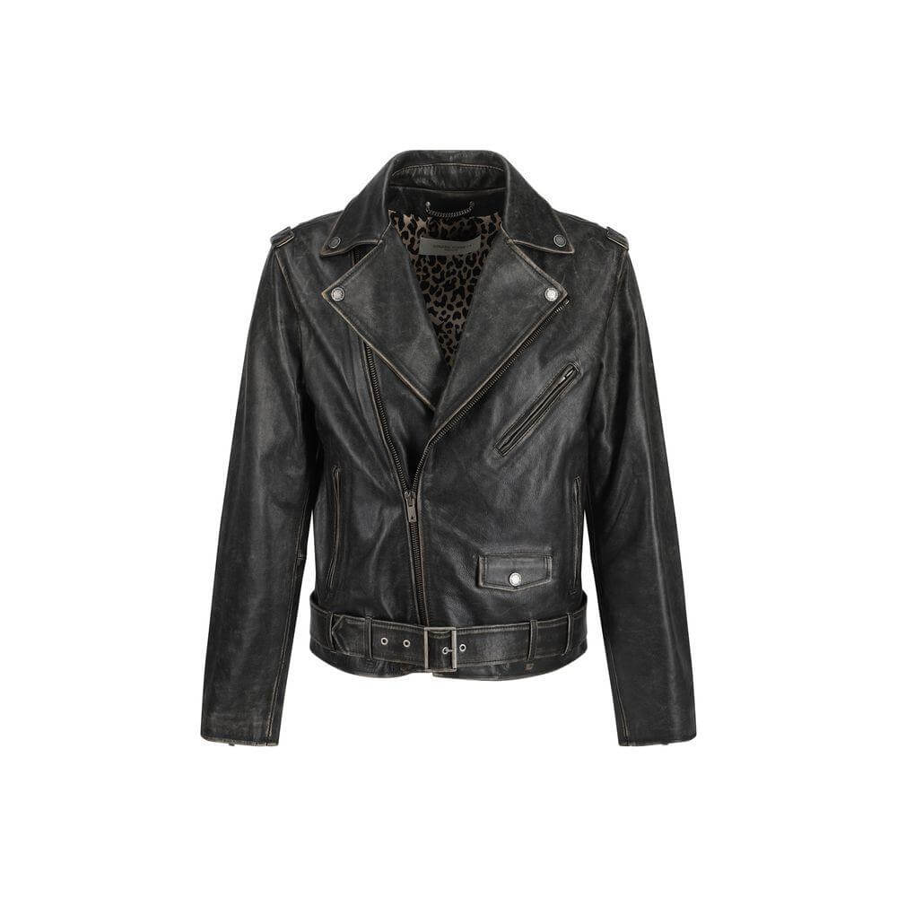 Golden Goose leather biker jacket with vintage design, adjustable waistband, large lapels, and zip pockets for a stylish look.