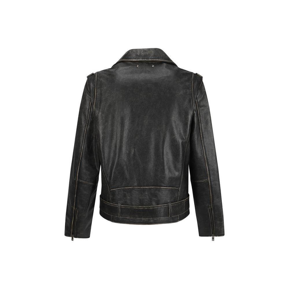 Back view of Golden Goose vintage effect leather biker jacket with adjustable waistband and classic lapels.