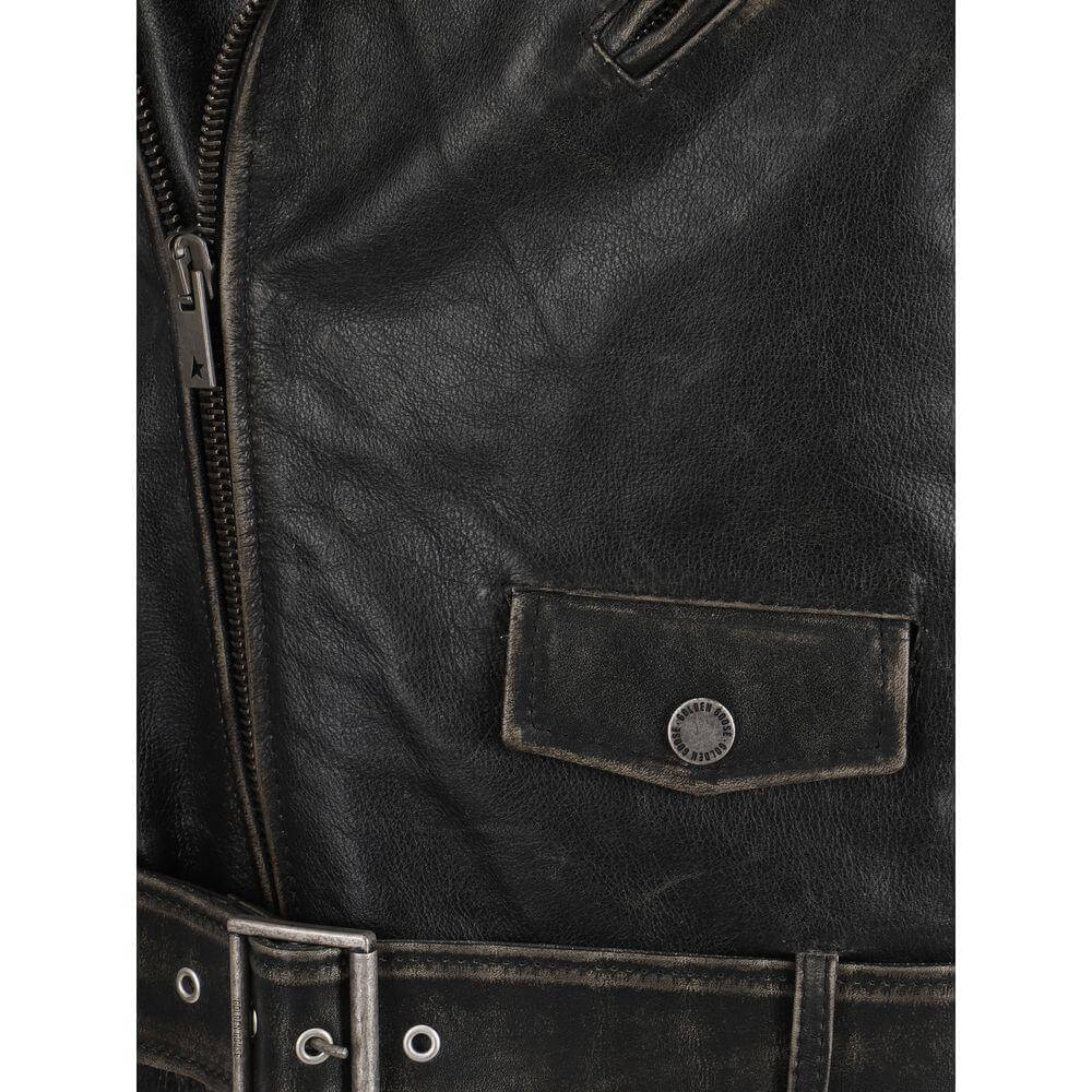 Close-up of Golden Goose Golden Biker Jacket showing leather texture, zipper closure, buckle waistband, and front flap pocket.