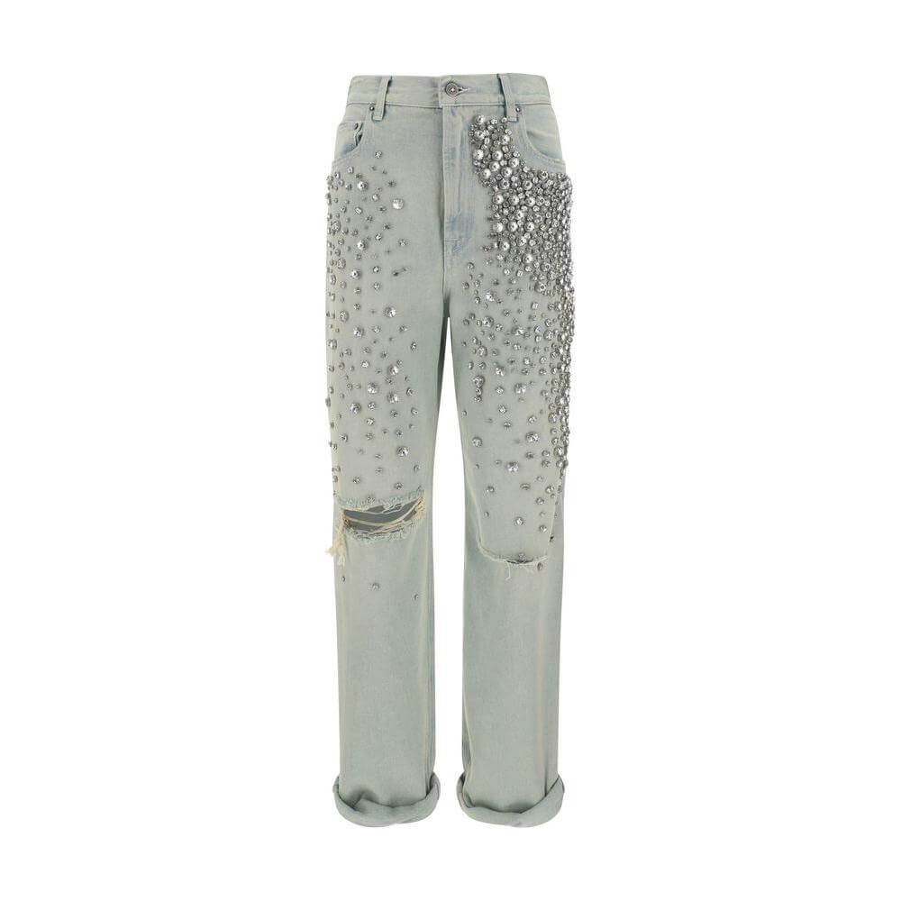 Golden Goose Golden Jeans with rhinestones and knee rips, featuring a relaxed fit and urban style with five-pocket design.