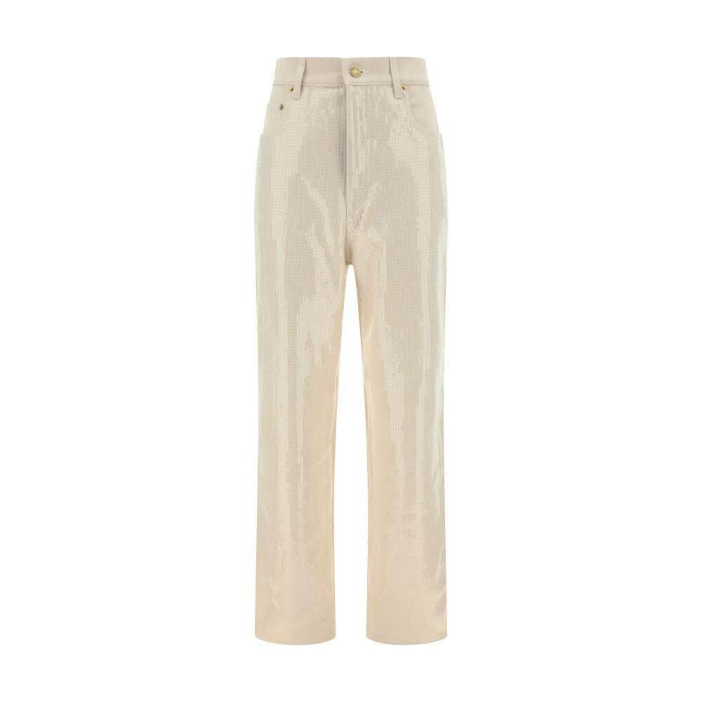 Golden Goose cotton denim pants with bright sequin appliqué, five-pocket straight style, button and zipper closure, waistband loops.