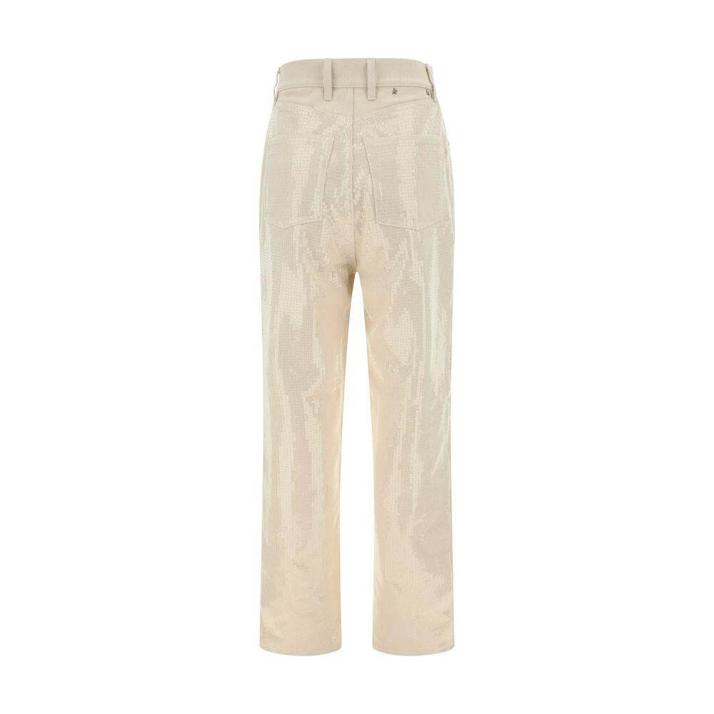 Golden Goose denim pants with sequins, back view, beige color, five-pocket straight style, waistband loops, button and zipper closure.