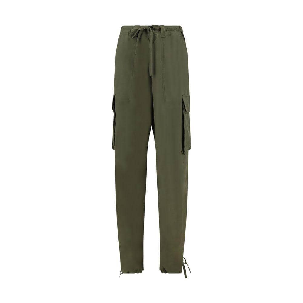 Golden Goose wide-leg cargo pants with drawstring waist, side and back pockets, adjustable hems, in monochrome. Front view.