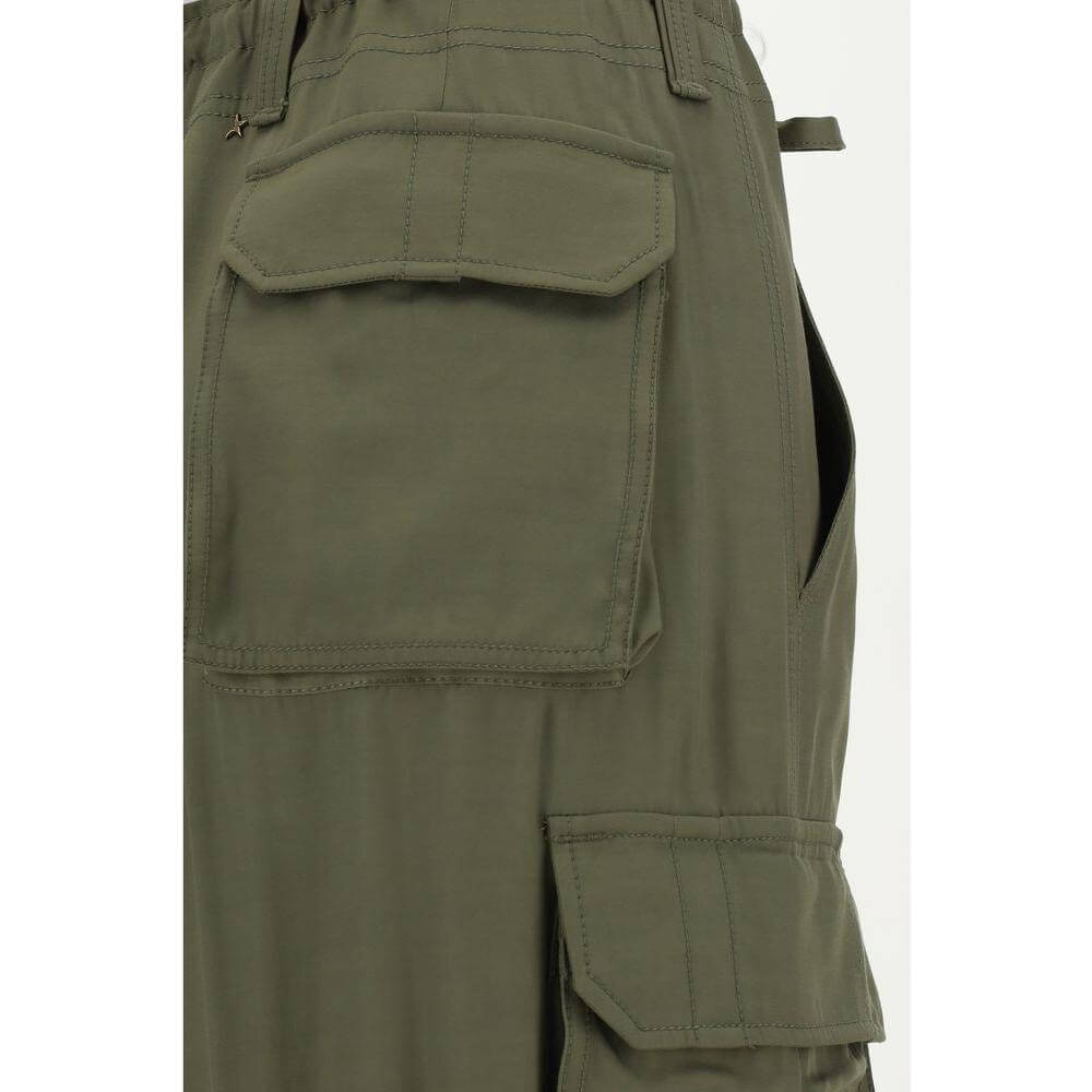 Golden Goose cargo pants featuring wide-leg design with front button, zipper closure, two cargo pockets, and adjustable drawstring waist.
