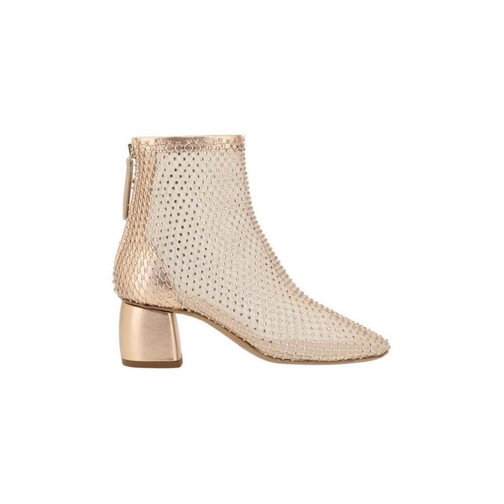 Forte_Forte rhinestone mesh ankle boots with gold block heel and back zipper for elegance and originality.