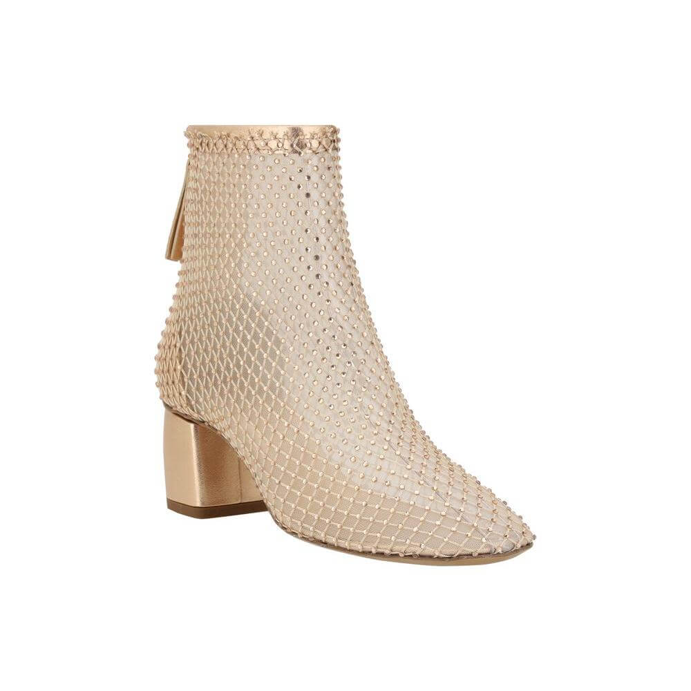 Forte_Forte Rhinestone Mesh Ankle Boot with Gold Block Heel and Back Zipper Closure