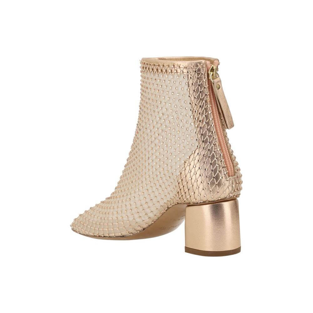 Forte_Forte Strass Mesh Ankle Boots with rhinestones, gold block heel and back zipper closure for elegant style and comfort.