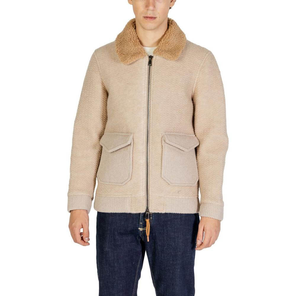 Men's beige polyester jacket from Hydra Clothing's fall/winter collection featuring 60% polyester and 40% wool blend.
