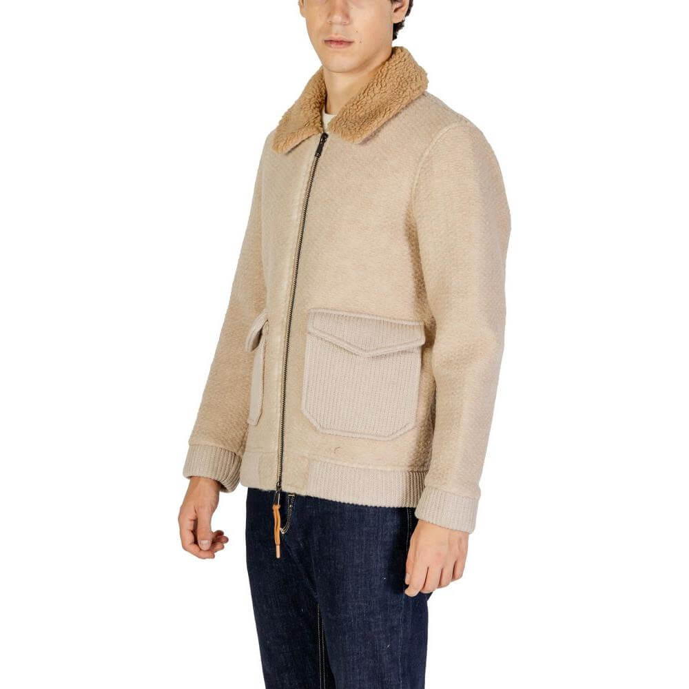 Hydra Clothing beige polyester jacket for men, fall/winter collection, 60% polyester, 40% wool, front zip with pockets.