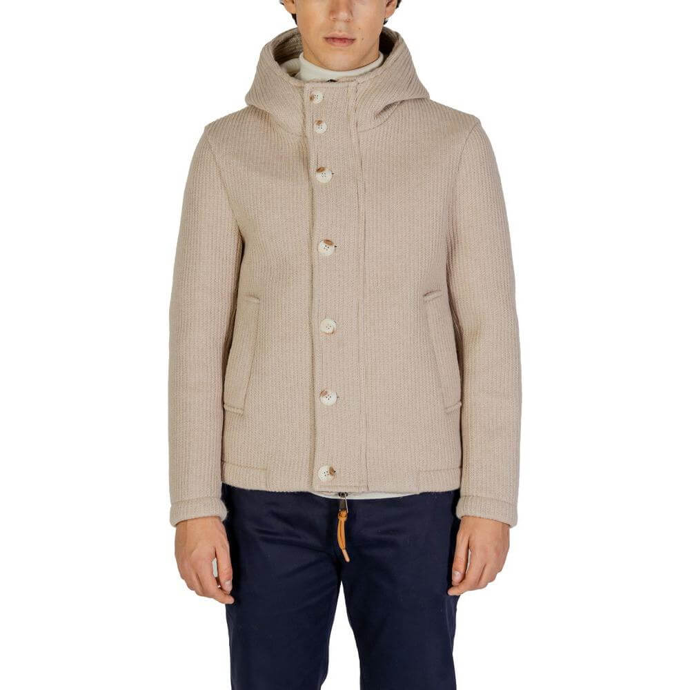 Men's fall/winter Hydra Clothing beige polyester jacket, 75% polyester, 25% wool blend, featuring a hood and front buttons.