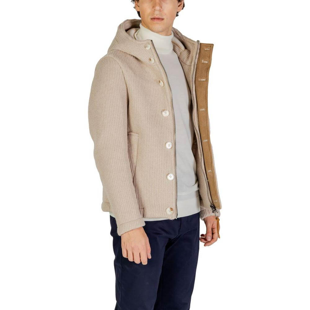 Hydra Clothing beige polyester jacket, men's fall/winter collection, featuring 75% polyester and 25% wool blend material.