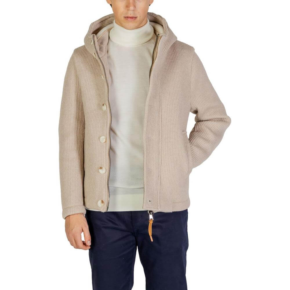 Men's Hydra Clothing beige jacket made of 75% polyester and 25% wool, perfect for fall and winter fashion.
