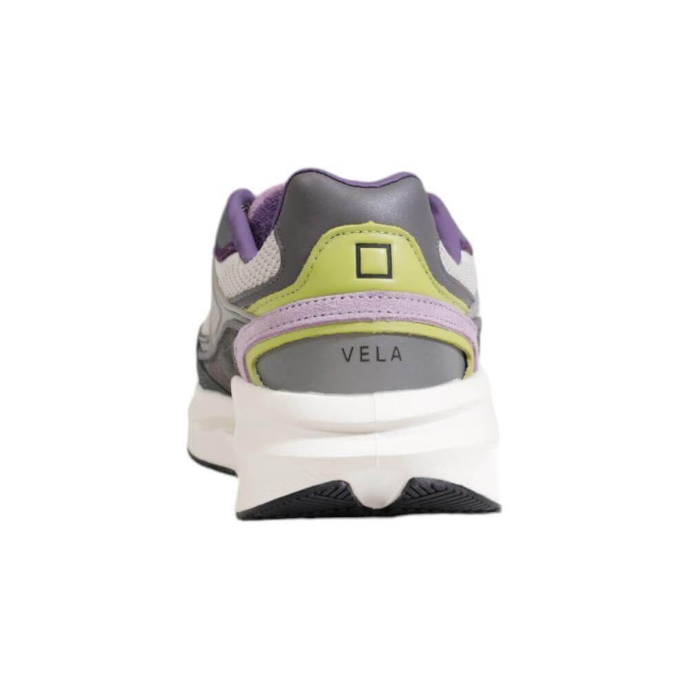 Back view of D.A.T.E gray fabric sneaker featuring purple and green accents, ideal for fall/winter women's fashion.