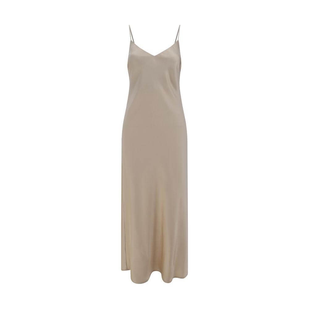 F.IT Dress with thin shoulder straps, foot-length design, soft V-neck, slim fit, and monochrome pattern.