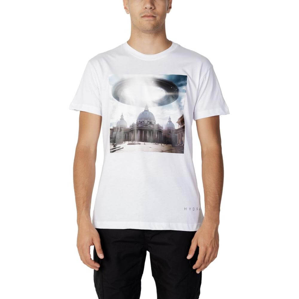 Hydra Clothing men's white cotton T-shirt from Spring/Summer collection with futuristic graphic design.