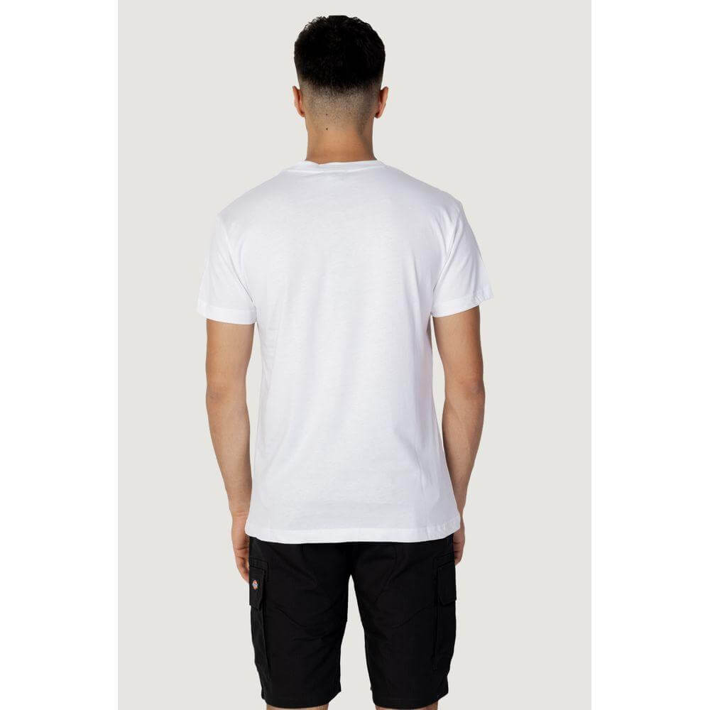 Back view of man wearing Hydra Clothing white cotton T-shirt, spring/summer collection, paired with black shorts.
