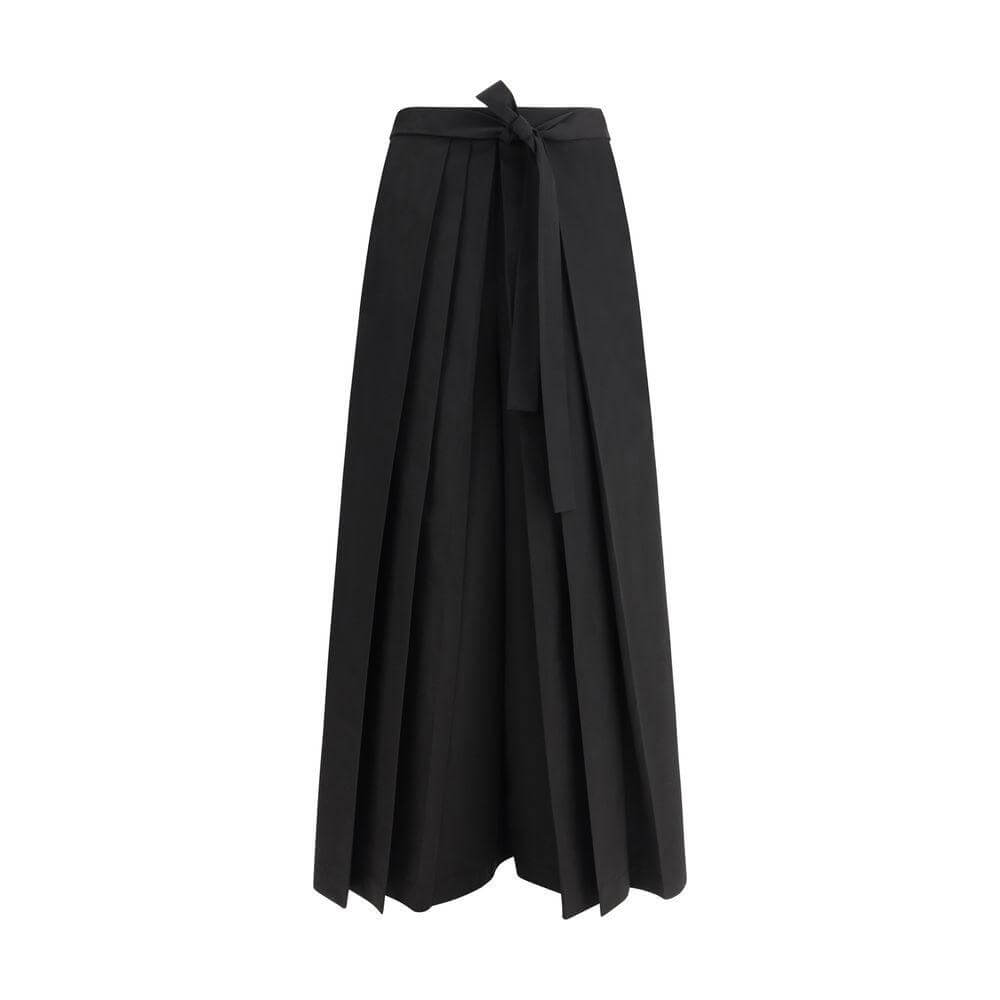 Fabiana Filippi relaxed fit pants with wide leg, pleats, and knotted waist sash in black.