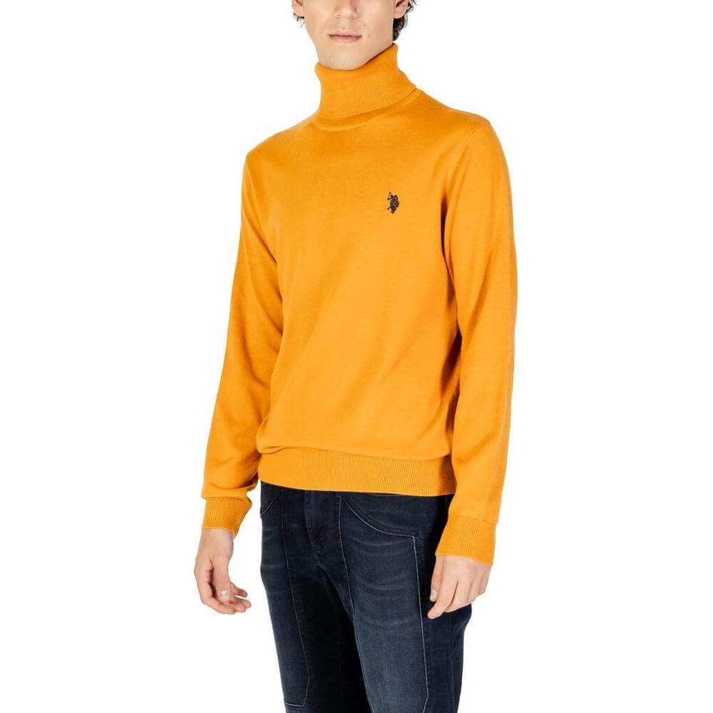U.S. POLO ASSN. orange turtleneck sweater in cotton-cashmere blend with embroidered logo, elegant men's knitwear for cool days.