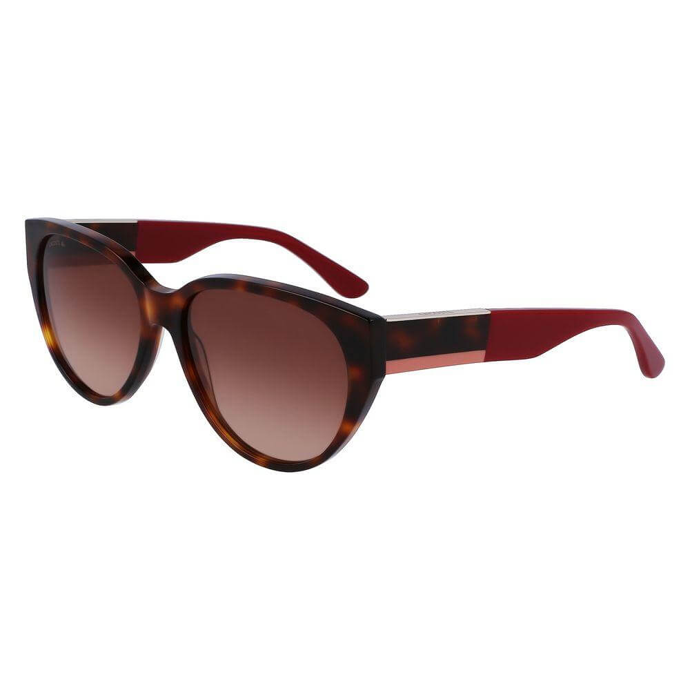 Lacoste brown acetate women's sunglasses L985S-240, tortoiseshell frame, red temples, lens dimensions 59/16/140 mm