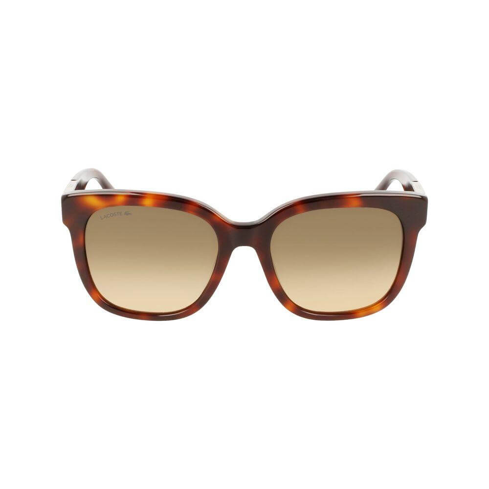 Lacoste brown acetate women's sunglasses, model L970S-230 with 55/19/140mm dimensions, featuring a filter 3 lens.