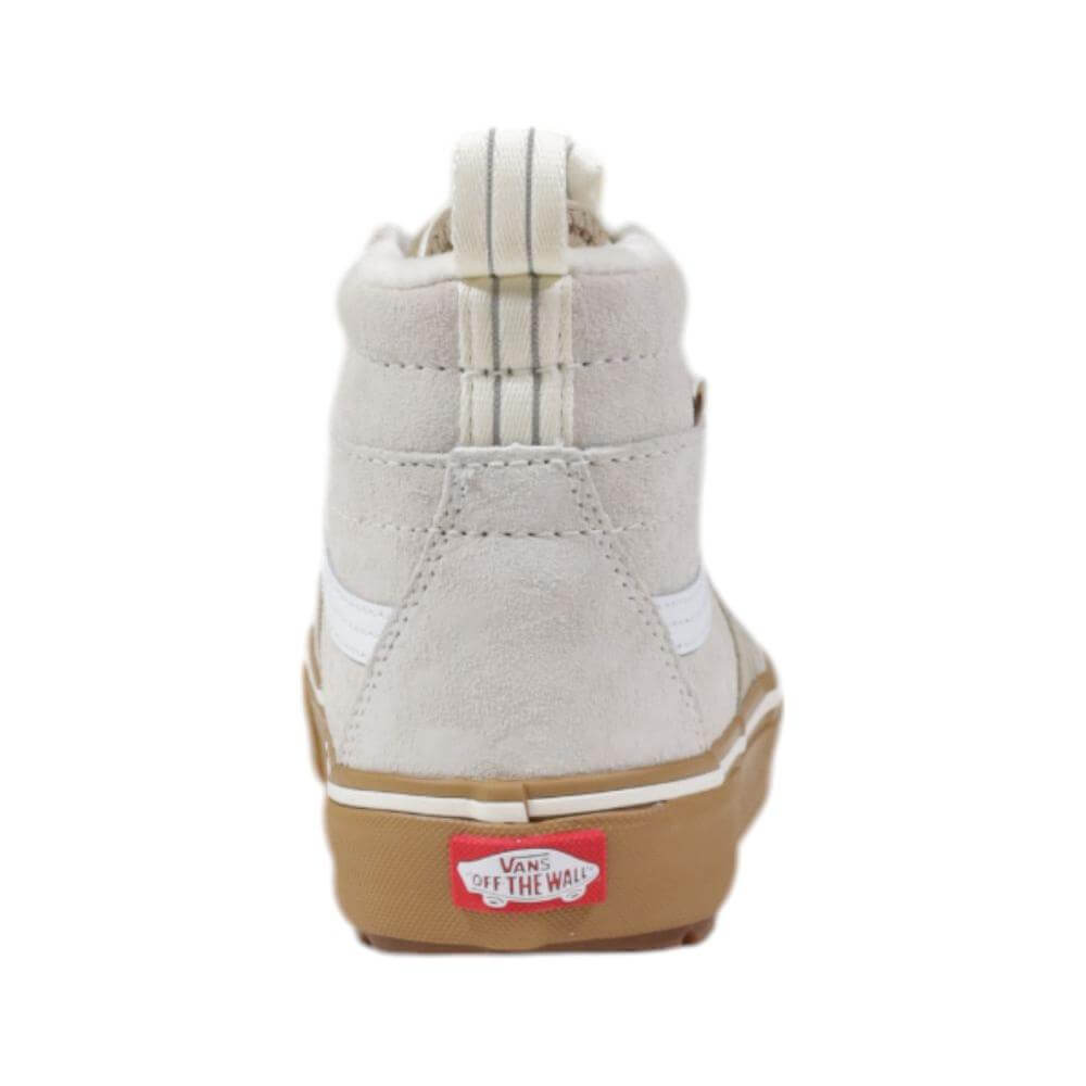 Back view of Vans beige leather sneaker with rubber outsole and "Off The Wall" logo. High-top design for style and ankle support.
