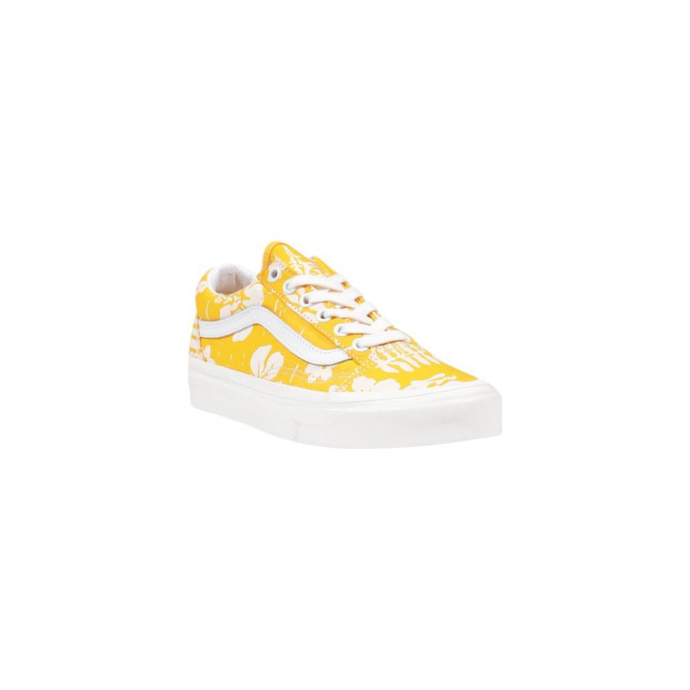 Vans Yellow Fabric Sneaker Old Skool with floral design, featuring classic side stripe and low silhouette for style and comfort.