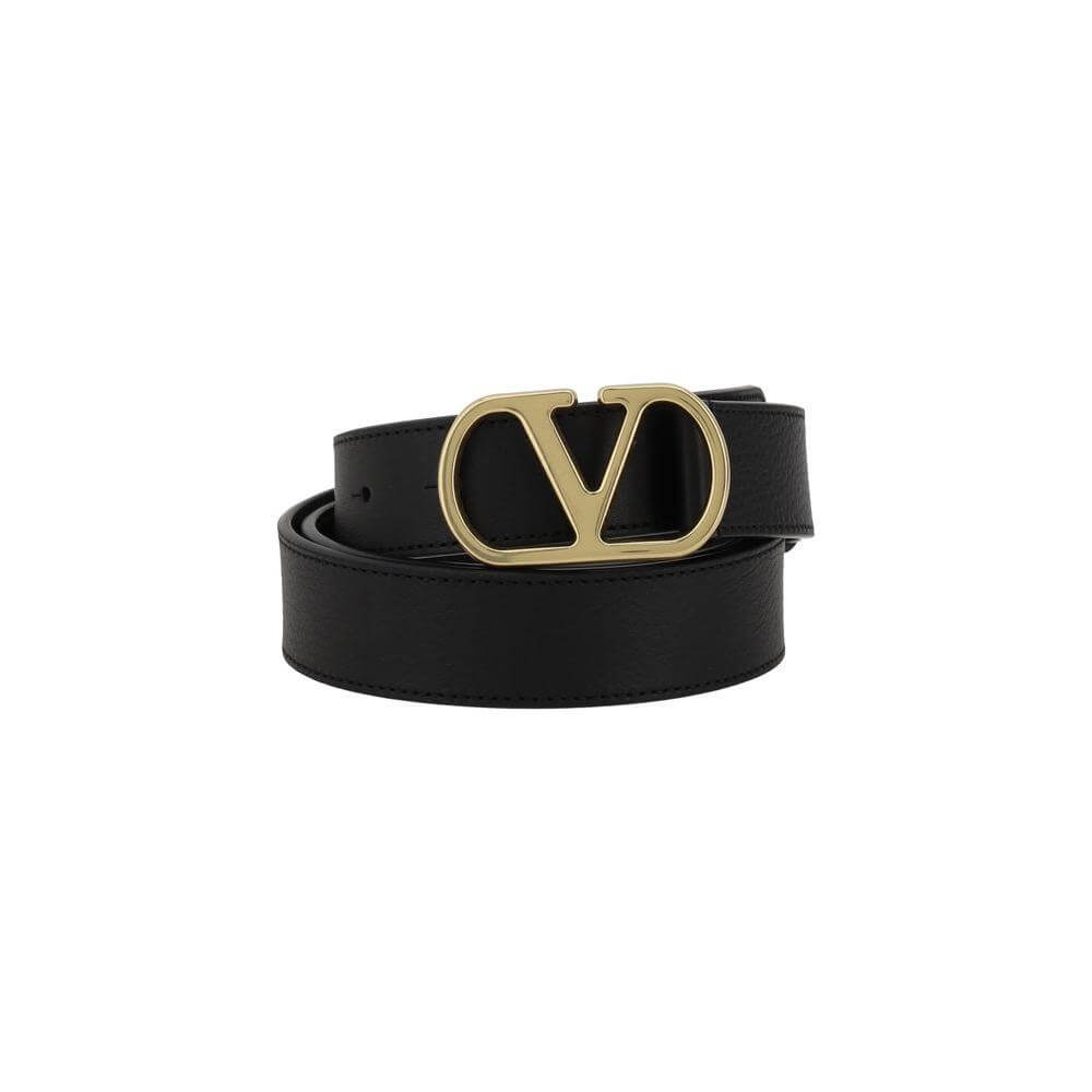 Valentino Garavani black leather belt with gold VLogo buckle, an elegant designer accessory perfect for luxury fashion enthusiasts.