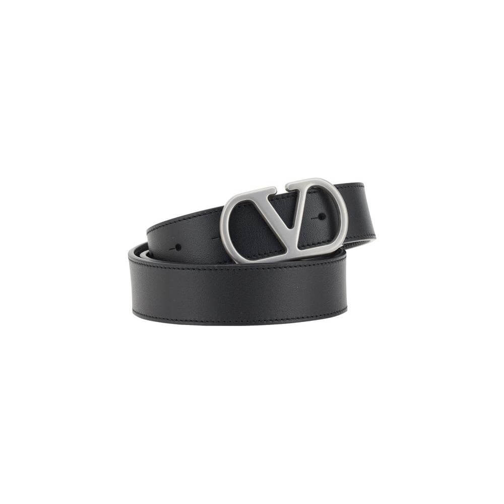 Valentino Garavani VLogo Belt in black leather with contrasting silver VLogo buckle closure, perfect for a stylish, sophisticated touch.