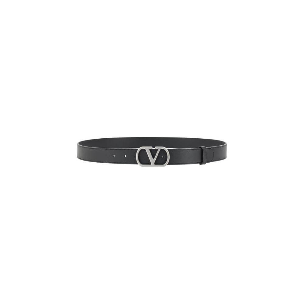 Valentino Garavani VLogo Belt - black leather with silver VLogo buckle, elegant and sophisticated fashion accessory.