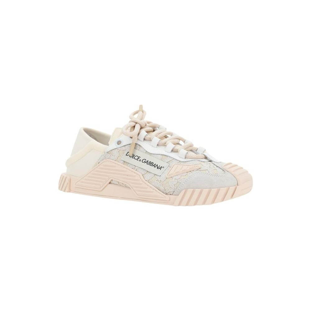 Dolce & Gabbana sneakers with textured rubber sole, lace fabric upper, branded laces, contrasting monogram, and round toe design.