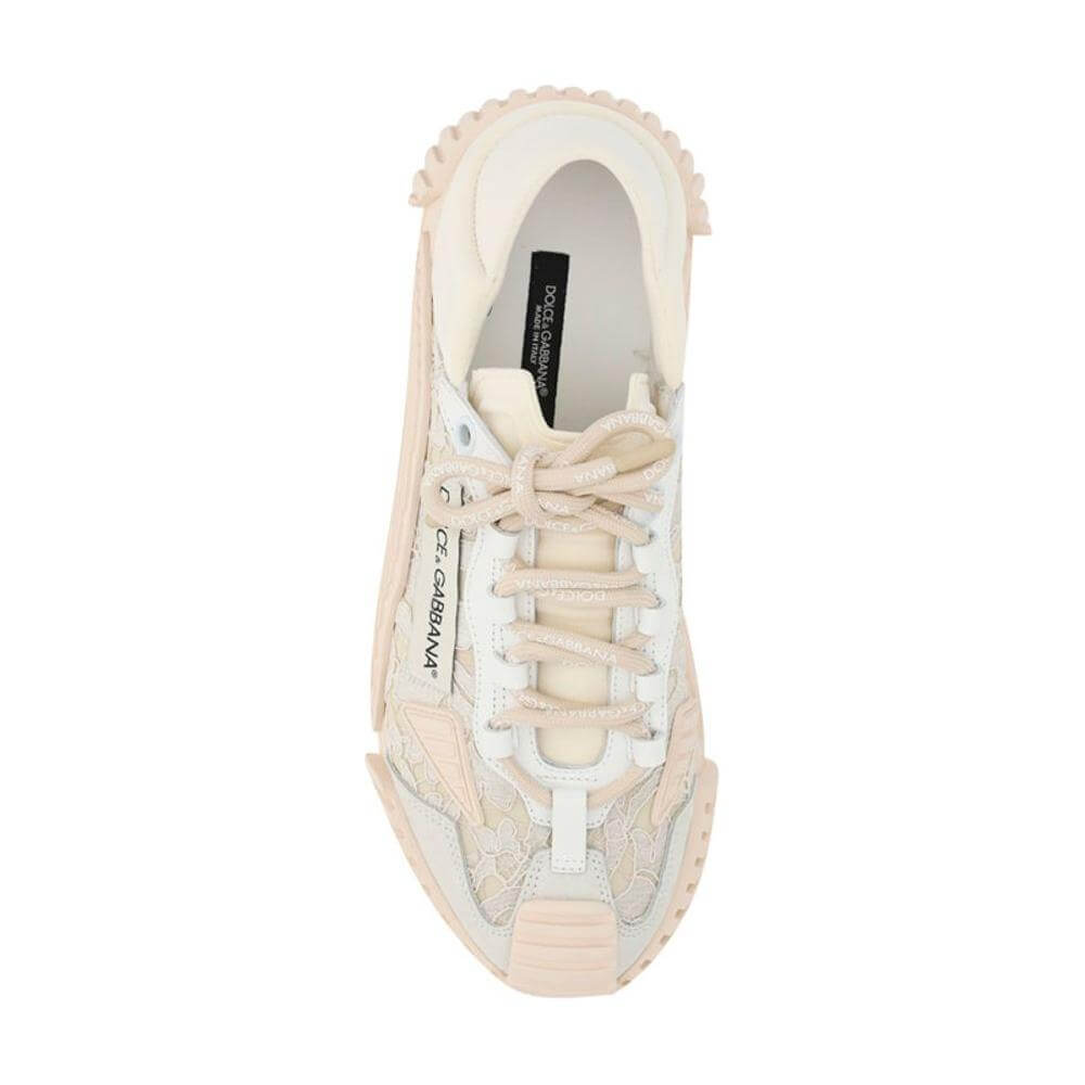 Top view of Dolce & Gabbana sneakers with textured superflex rubber sole and logoed tubular laces, featuring iconic side monogram.
