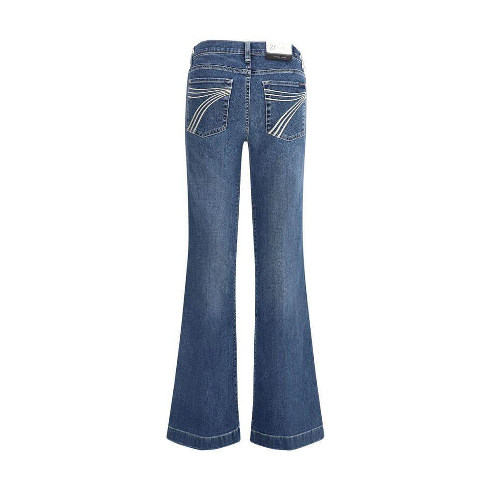 Back view of 7FOR Flare Jeans with distinctive stitching, showcasing classic five-pocket design and flared silhouette in blue denim.