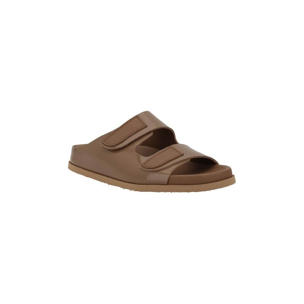 Pedro García Dominika brown leather sandals with Velcro straps, round toe, flat sole, and logoed insole