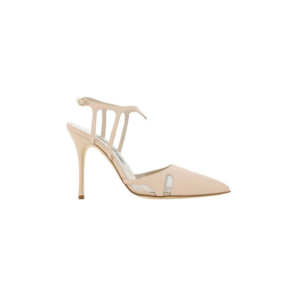 Manolo Blahnik Arcadia Fabio Pumps in calfskin with almond toe, stiletto heel, adjustable ankle strap, cut-out details, and logo insole.