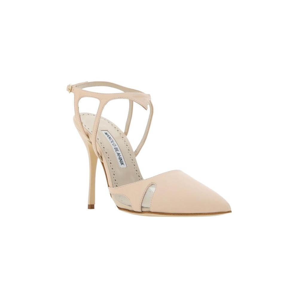 Manolo Blahnik Arcadia Fabio pumps in calfskin with almond toe, adjustable ankle strap, and cut-out details.