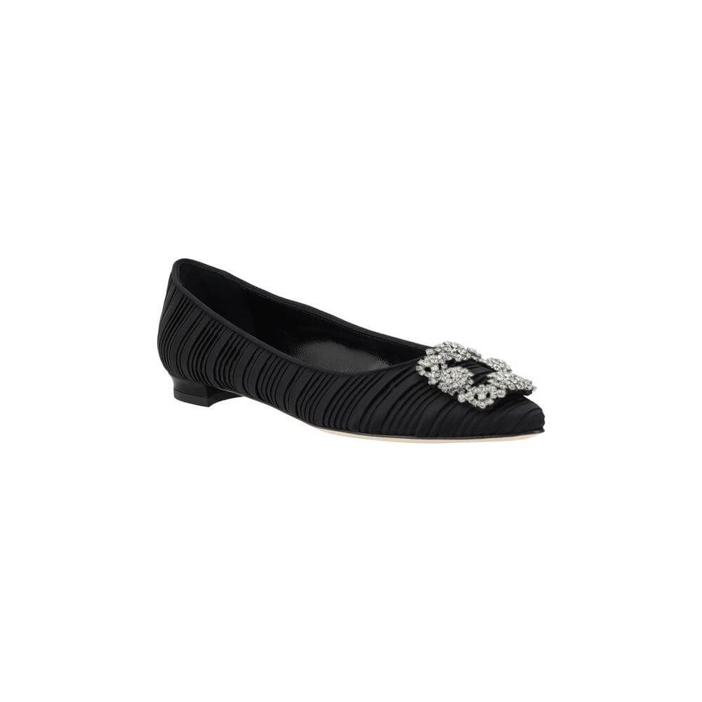 Manolo Blahnik Hangisiflat Ballerinas with Swarovski jewel detail, silk satin, almond toe, leather heel, pleated design, logo insole.