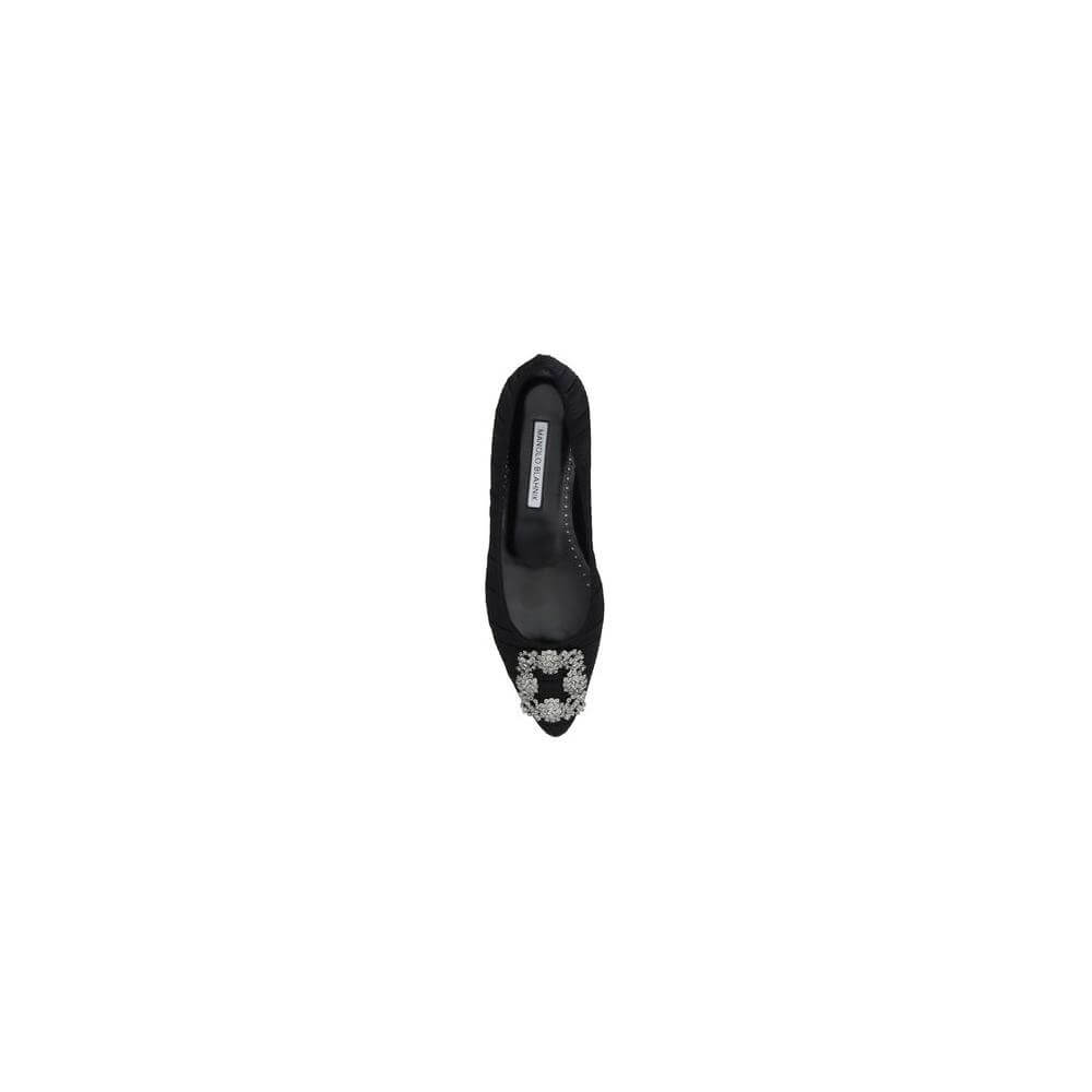 Top view of Manolo Blahnik Hangisiflat Ballerina shoe in black silk satin with Swarovski jewel embellishment and almond toe design.