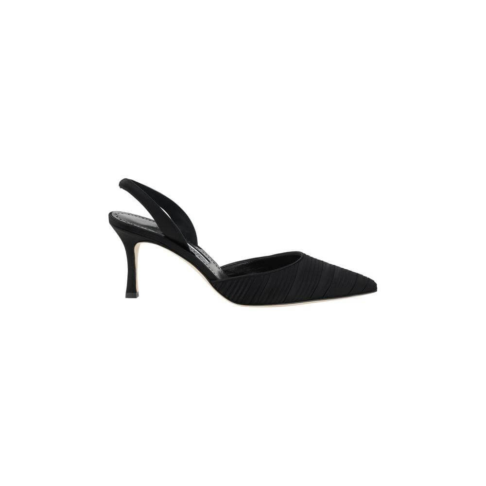 Manolo Blahnik Carolyne black silk satin slingback pumps with pointed toe and pleated front band for elegant, sophisticated style.