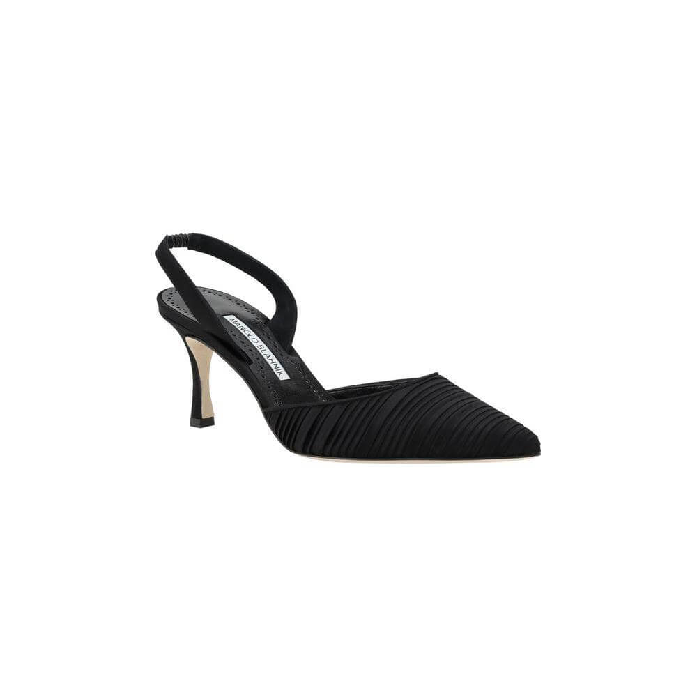 Black Manolo Blahnik Carolyne Pumps with sleek elongated toe, elastic slingback, and pleated front band design for refined elegance.