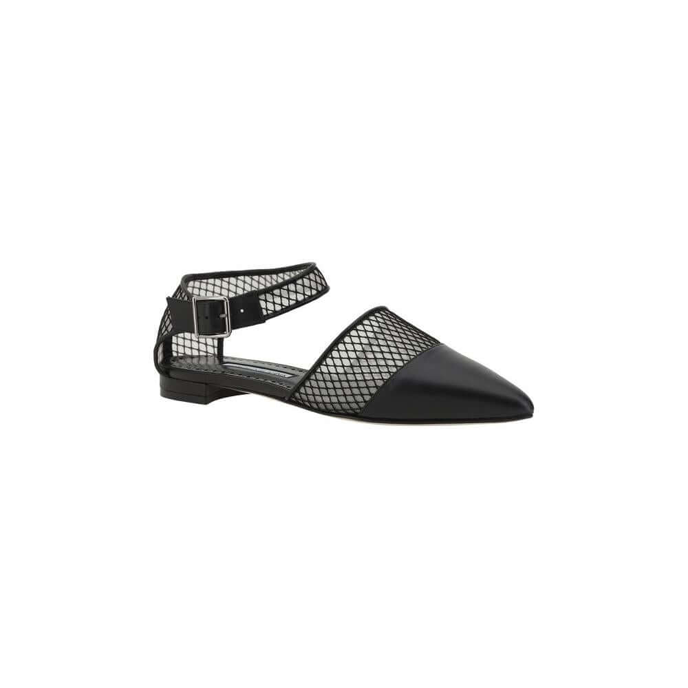 Manolo Blahnik Jatelahflat ballerinas in black lambskin leather with mesh details and adjustable ankle strap for elegant style.