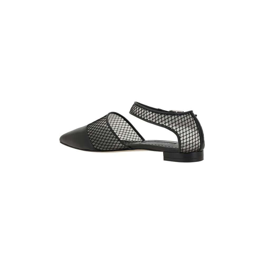 Side view of Manolo Blahnik Jatelahflat Ballerinas in black leather with mesh details, almond toe, and adjustable ankle strap.