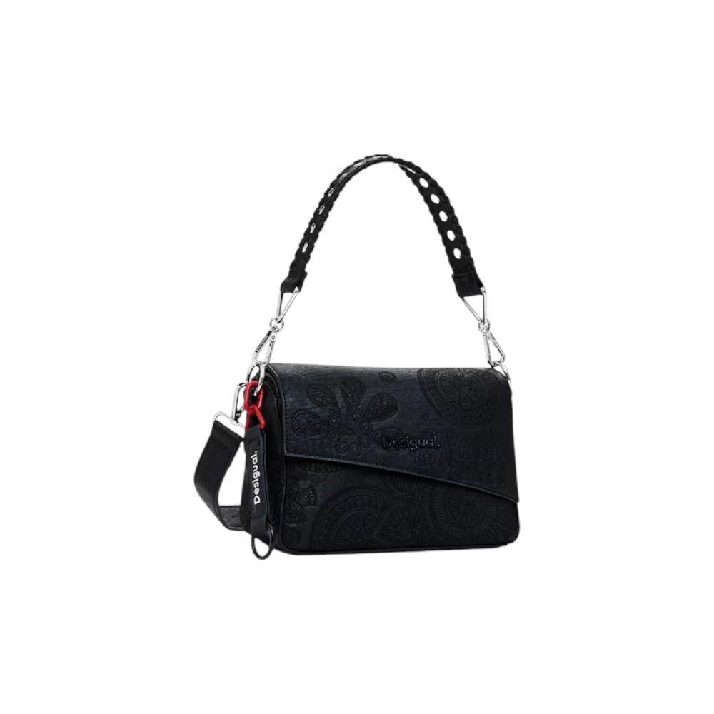 Desigual black handbag in polyurethane, spring/summer collection, featuring stylish strap design.