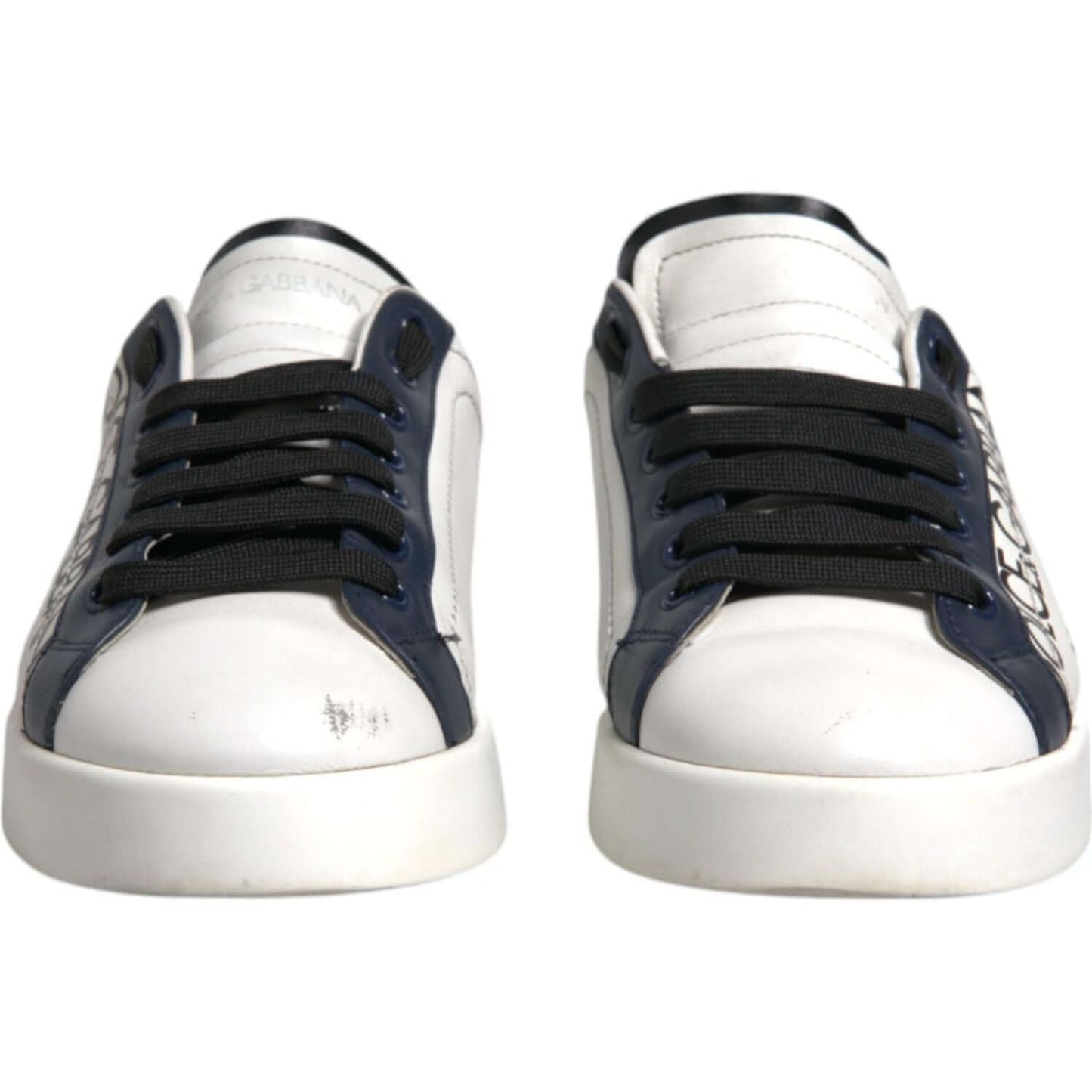 Dolce & Gabbana white blue leather sneakers with crown details, low-top design, and rubber sole. Classic lacing, pre-owned condition.