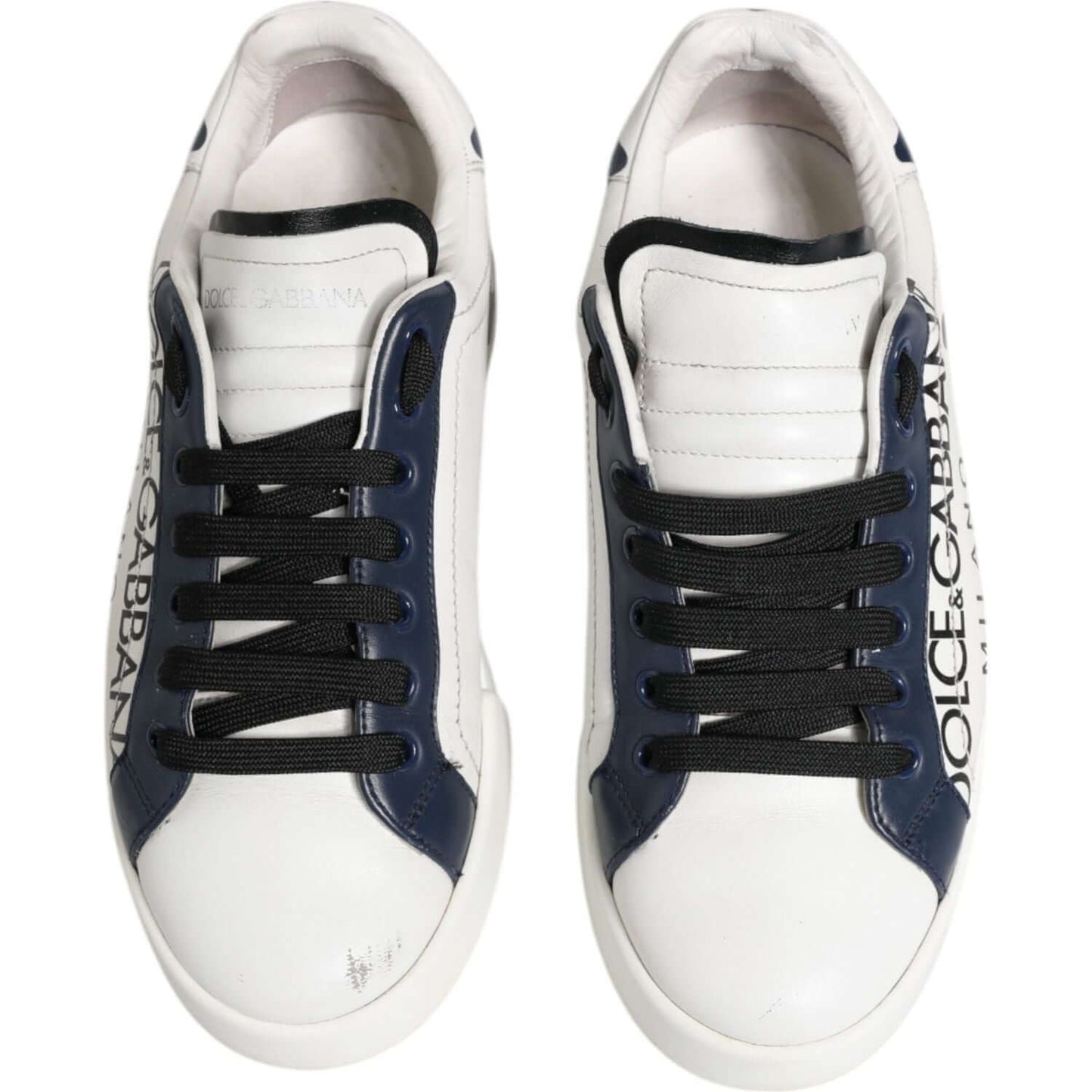 Dolce & Gabbana white blue leather sneakers with crown details, rubber sole, lace-up, logo on side, pre-owned condition.