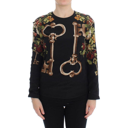 Dolce & Gabbana Black Key Floral Print Silk Blouse Top