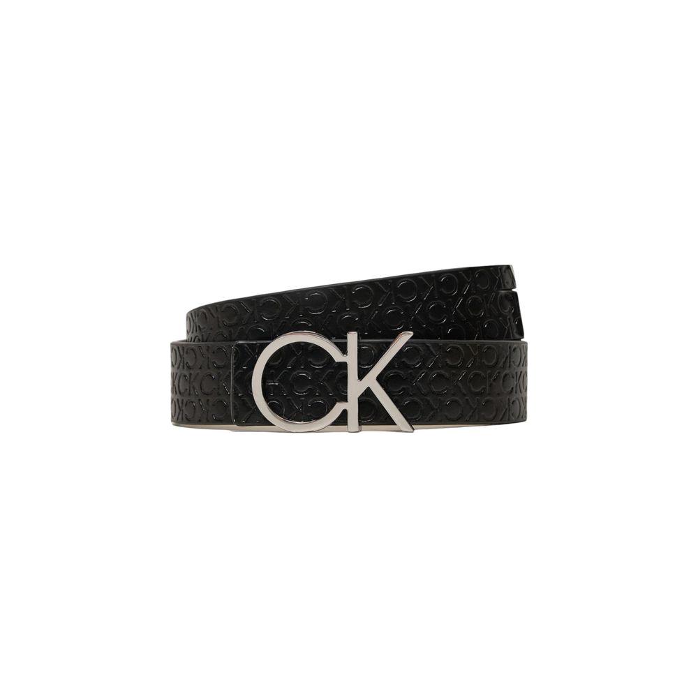 Calvin Klein black leather reversible belt with CK logo buckle, elegant design, perfect accessory for versatile fashion.