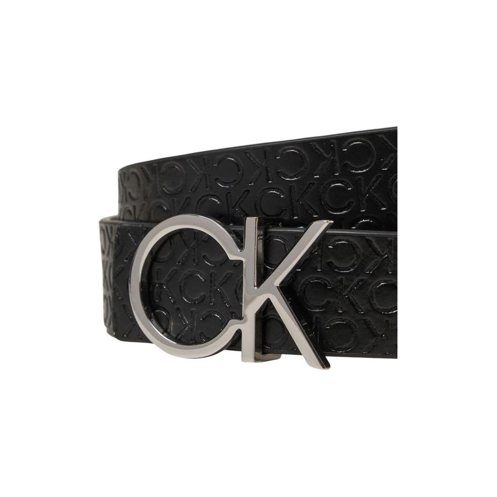 Calvin Klein black leather belt with CK logo buckle, reversible design for versatility in styling, elegant and modern accessory.