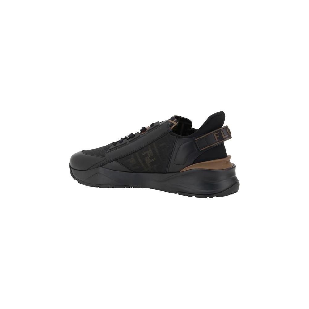 Side view of Fendi Flow Running Sneakers with structured sole, elegant logo, and front lace-up closure in black tone-on-tone design.