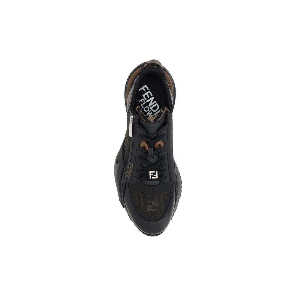 Top view of Fendi Flow Running Sneakers with black upper, lace-up closure, and brand logo on heel, featuring a structured sole for grip.